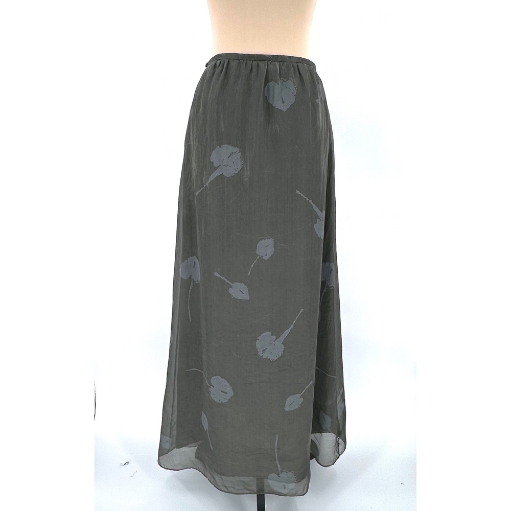 Olive Green Floral Silk Organza Maxi Skirt Size 4 Minimalist Dark Academia